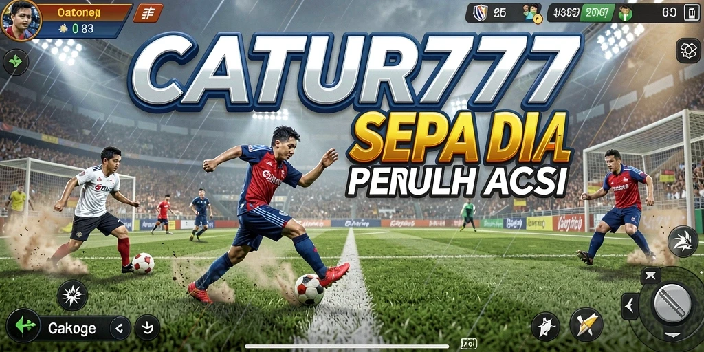 Tampilan aksi seru dari gameplay <strong>CATUR777</strong> yang menggambarkan pertandingan sepak bola.