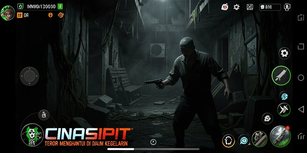 Tangkapan layar gameplay CINASIPIT menampilkan suasana horor yang mencekam.