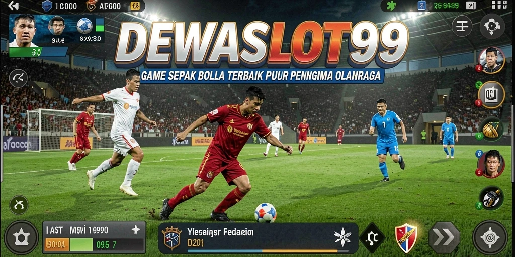 Screenshot permainan DEWASLOT99 menunjukkan aksi seru di lapangan sepak bola.