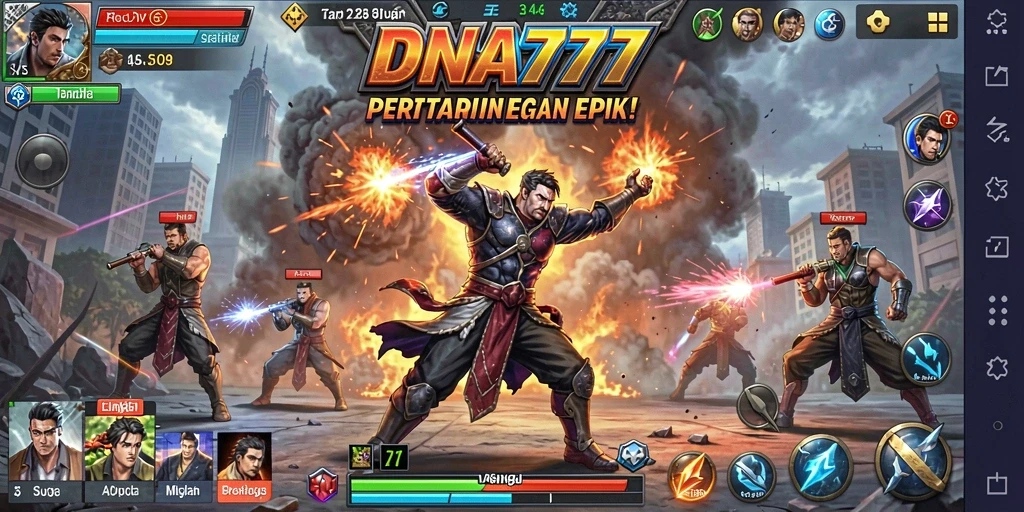 Tampilan gameplay dinamis dan mendebarkan dari DNA777 yang menunjukkan seru pertarungan.