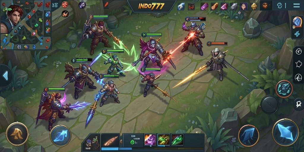 Screenshot gameplay INDO777 menampilkan pertempuran seru antar tim MOBA.