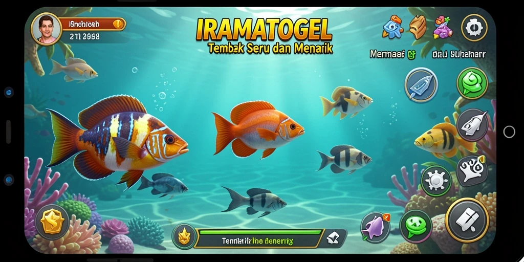 Tampilan gameplay seru dalam IRAMATOGEL dengan berbagai ikan menarik.