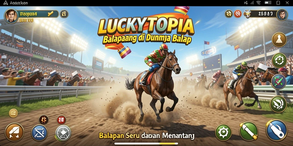 Screenshot gameplay LUCKYTOPIA dengan mobil balap dalam aksi di lintasan.