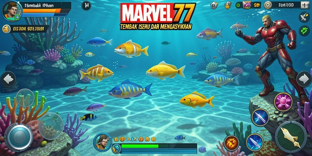 Screenshot gameplay MARVEL77 menunjukkan aksi seru berburu ikan.