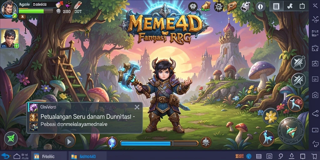 Tangkapan layar utama gameplay RPG MEME4D yang menunjukkan aksi seru.