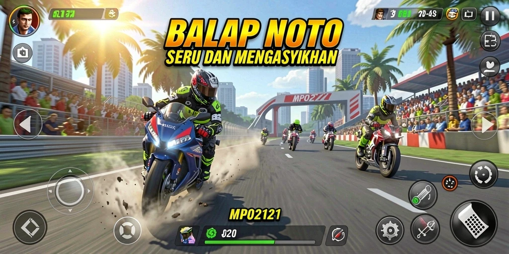 Screenshot MPO2121 menampilkan balapan motor yang mendebarkan.