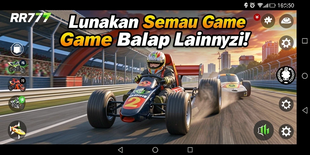 Gameplay Racing yang mendebarkan dalam RR777 dengan aksi balapan yang seru.